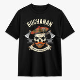 Buchanan Old Set Weathered Tartan Crest 2D T-shirt - Alba Skull Style