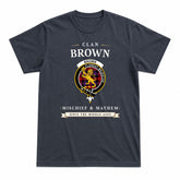 Brown Modern Tartan Crest Mischief and Mayhem T-shirt