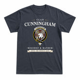 Cunningham Burgundy Dancers Tartan Crest Mischief and Mayhem T-shirt