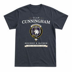 Cunningham Dress Blue Dancers Tartan Crest Mischief and Mayhem T-shirt