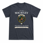 MacAuley Hunting Ancient Tartan Crest Mischief and Mayhem T-shirt