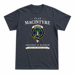 MacIntyre Hunting Modern Tartan Crest Mischief and Mayhem T-shirt