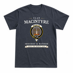 MacIntyre Hunting Weathered Tartan Crest Mischief and Mayhem T-shirt