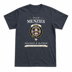 Menzies Black - White Modern Tartan Crest Mischief and Mayhem T-shirt