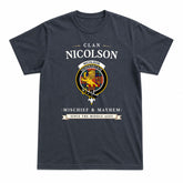 Nicolson Ancient Old Tartan Crest Mischief and Mayhem T-shirt