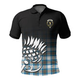 Stewart Muted Blue Tartan Crest Polo Shirt - Thistle Black Style