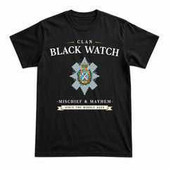 Black Watch Weathered Tartan Crest Mischief and Mayhem T-shirt
