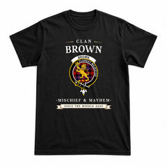 Brown Modern Tartan Crest Mischief and Mayhem T-shirt