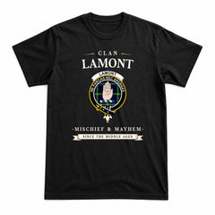 Lamont Modern Tartan Crest Mischief and Mayhem T-shirt