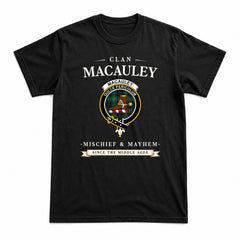 MacAuley Hunting Ancient Tartan Crest Mischief and Mayhem T-shirt