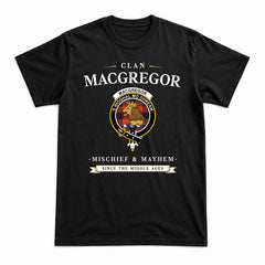 MacGregor Rob Roy Ancient Tartan Crest Mischief and Mayhem T-shirt