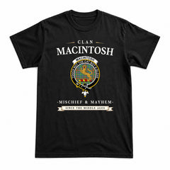 MacIntosh Hunting Ancient Tartan Crest Mischief and Mayhem T-shirt