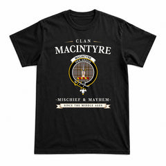 MacIntyre Hunting Weathered Tartan Crest Mischief and Mayhem T-shirt