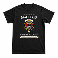MacLeod of Harris Weathered Tartan Crest Mischief and Mayhem T-shirt