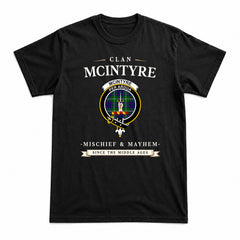 McIntyre Hunting Modern Tartan Crest Mischief and Mayhem T-shirt