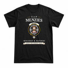 Menzies Black - White Modern Tartan Crest Mischief and Mayhem T-shirt