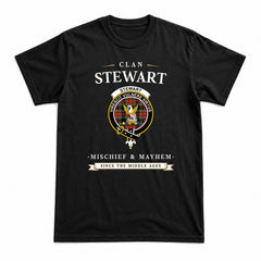 Stewart Black Tartan Crest Mischief and Mayhem T-shirt