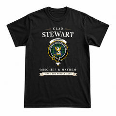 Stewart Hunting Modern Tartan Crest Mischief and Mayhem T-shirt