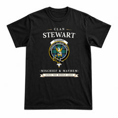 Stewart Old Ancient Tartan Crest Mischief and Mayhem T-shirt