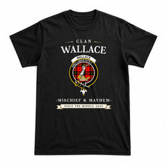Wallace Hunting Red Tartan Crest Mischief and Mayhem T-shirt