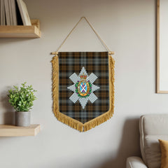 Black Watch Weathered Tartan Crest Wall Hanging Banner - Wood Pole