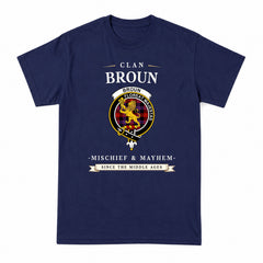 Broun Modern Tartan Crest Mischief and Mayhem T-shirt