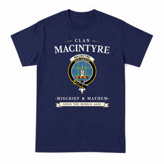 MacIntyre Hunting Ancient Tartan Crest Mischief and Mayhem T-shirt