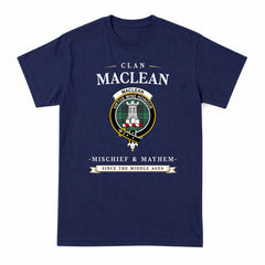 MacLean Hunting Ancient Tartan Crest Mischief and Mayhem T-shirt