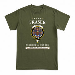 Fraser (of Lovat) Hunting Modern Tartan Crest Mischief and Mayhem T-shirt