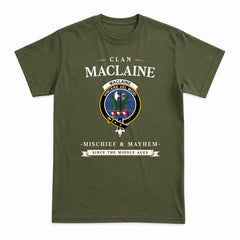 MacLaine of Loch Buie Hunting Ancient Tartan Crest Mischief and Mayhem T-shirt