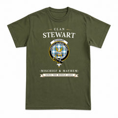 Stewart Muted Blue Tartan Crest Mischief and Mayhem T-shirt