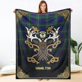 Hamilton Hunting Modern Tartan Crest Premium Blanket - Celtic Stag style