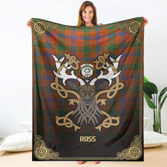 Ross Ancient Tartan Crest Premium Blanket - Celtic Stag style