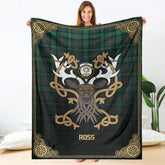 Ross Hunting Modern Tartan Crest Premium Blanket - Celtic Stag style
