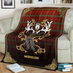 Morrison Red Modern Tartan Crest Premium Blanket - Celtic Stag style