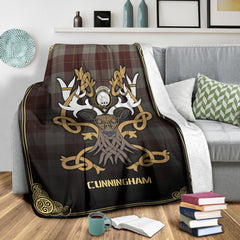 Cunningham Burgundy Dancers Tartan Crest Premium Blanket - Celtic Stag style