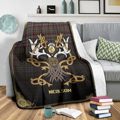 Nicolson Hunting Weathered Tartan Crest Premium Blanket - Celtic Stag style