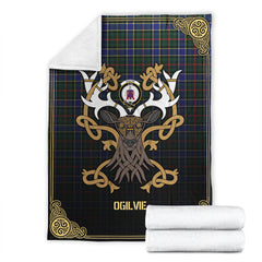 Ogilvie Hunting Modern Tartan Crest Premium Blanket - Celtic Stag style