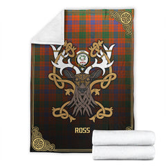 Ross Ancient Tartan Crest Premium Blanket - Celtic Stag style