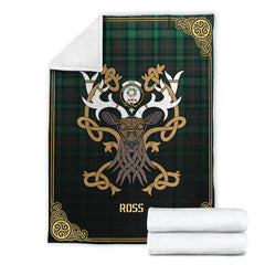 Ross Hunting Modern Tartan Crest Premium Blanket - Celtic Stag style
