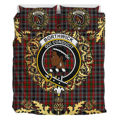 Borthwick Hunting Tartan Crest Bedding Set - Golden Thistle Style