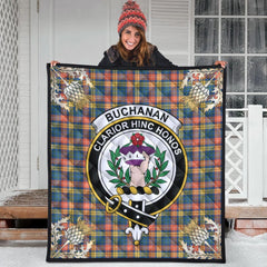 Buchanan Ancient Tartan Crest Premium Quilt - Gold Thistle Style
