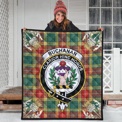 Buchanan Old Sett Tartan Crest Premium Quilt - Gold Thistle Style