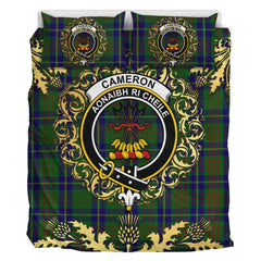 Cameron of Lochiel Hunting Tartan Crest Bedding Set - Golden Thistle Style