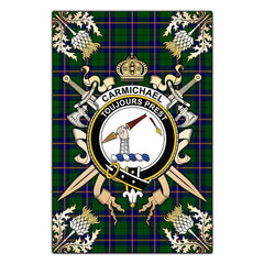Carmichael Modern Tartan Crest Black Garden Flag - Gold Thistle Style