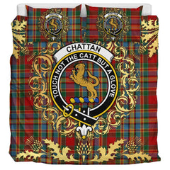 Chattan (brown stripe) Tartan Crest Bedding Set - Golden Thistle Style