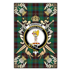 Chisholm Hunting Ancient Tartan Crest Black Garden Flag - Gold Thistle Style