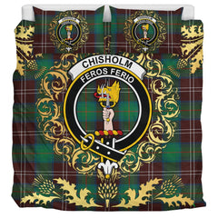 Chisholm Hunting Ancient Tartan Crest Bedding Set - Golden Thistle Style