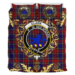 Clark (Lion) Red Tartan Crest Bedding Set - Golden Thistle Style
