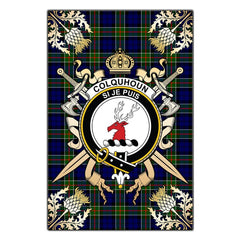 Colquhoun Modern Tartan Crest Black Garden Flag - Gold Thistle Style
